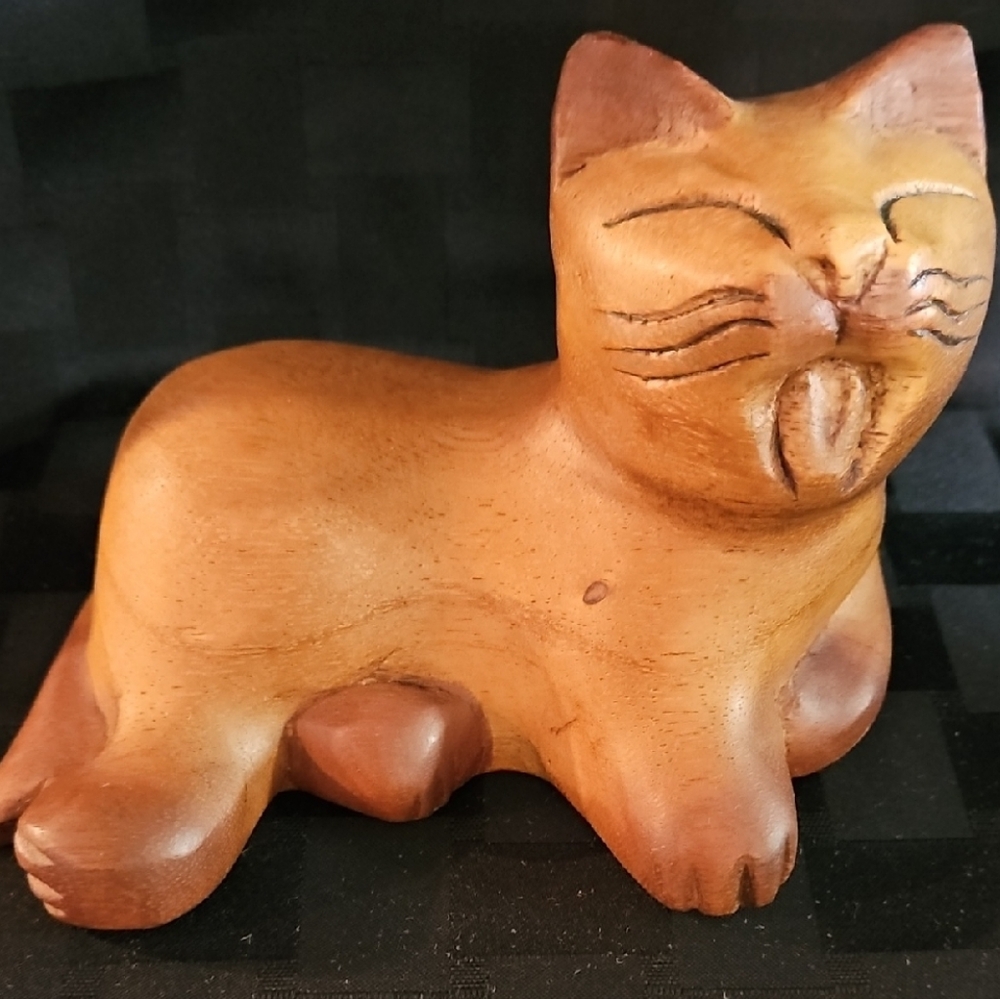Charming Hand Carved Wooden Cat Figurine Made in Taiwan